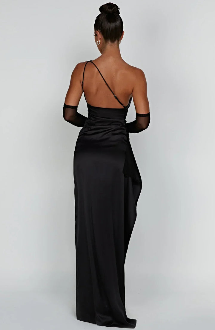 Detailansicht: Dunkelblaues One-Shoulder Maxikleid, elegantes Abendkleid mit seitlichem Schlitz.