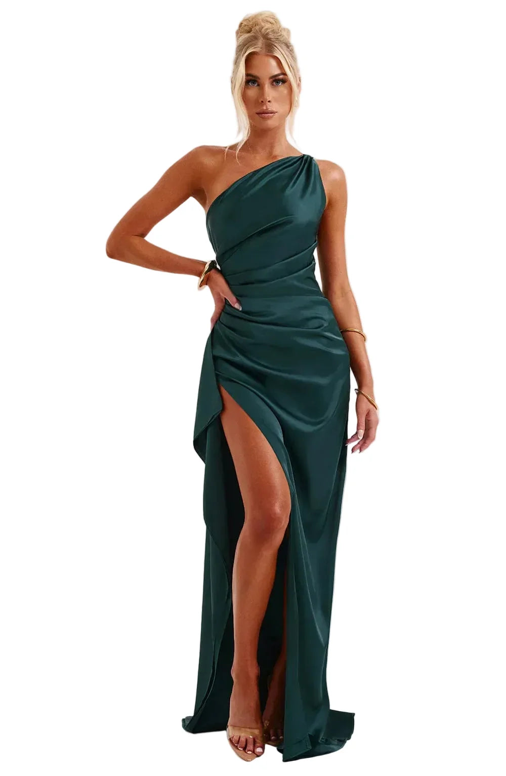 Trendiges plissiertes Damen Maxikleid, elegant, mit aufregendem Schlitz und besonderer Schulter.