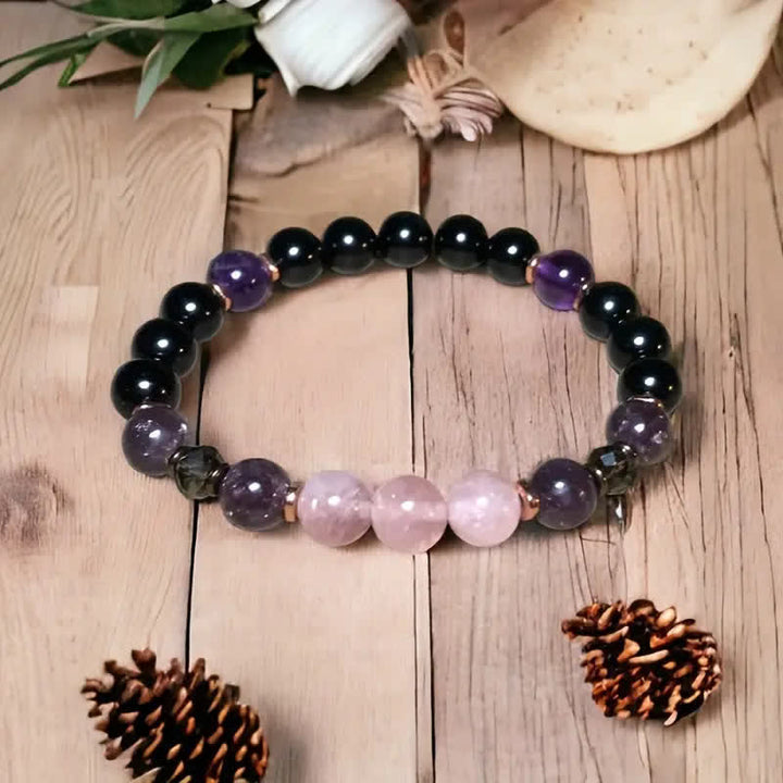 Damen Perlenarmband aus Rosenquarz, Obsidian & Amethyst für spirituelle Balance.