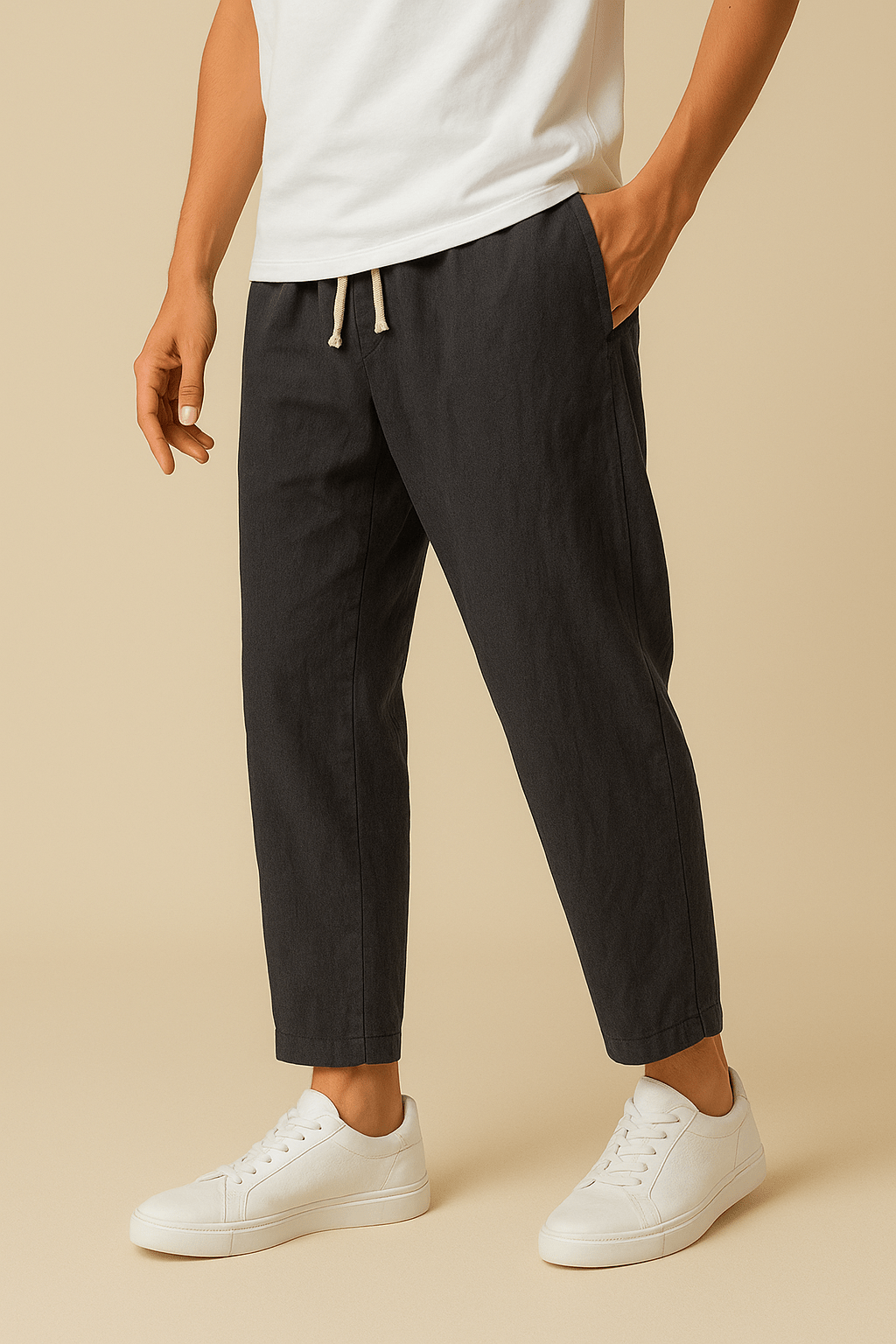 Mann trägt stilvolle, luftige Herren Freizeithose im Sommer-Look, perfekt für Alltag, Reise und entspannte Stunden.