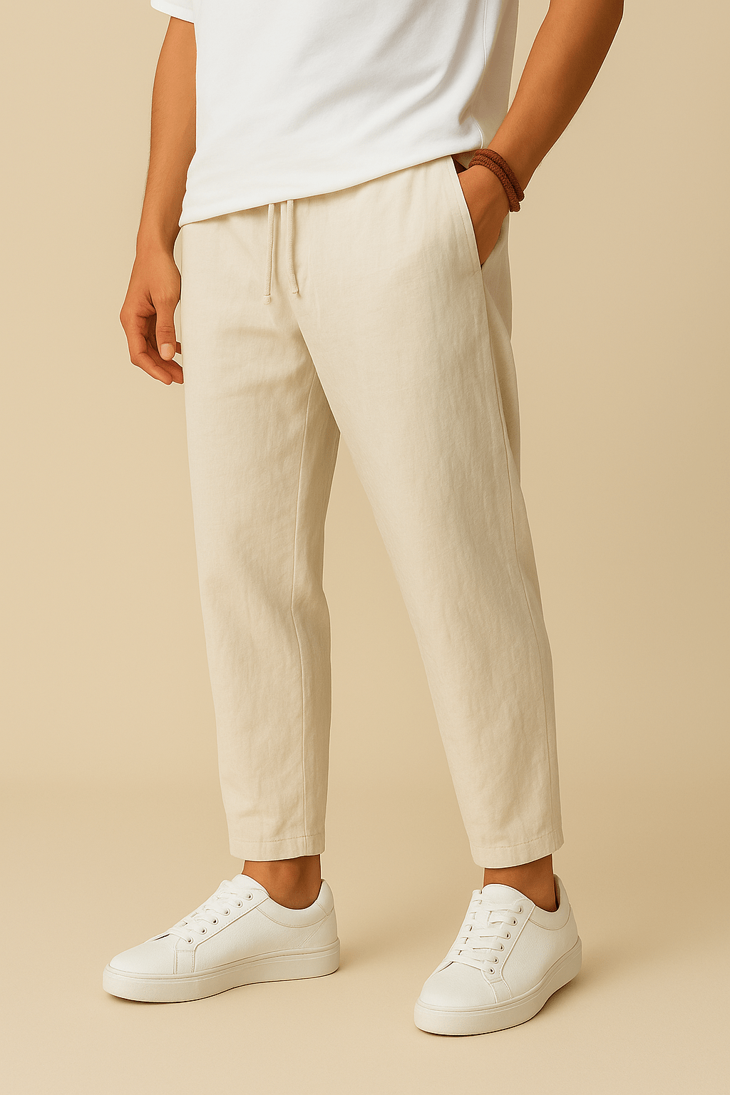 Nahaufnahme des atmungsaktiven, leichten Materials der Herren Sommerhose, ideal für heiße Sommertage.