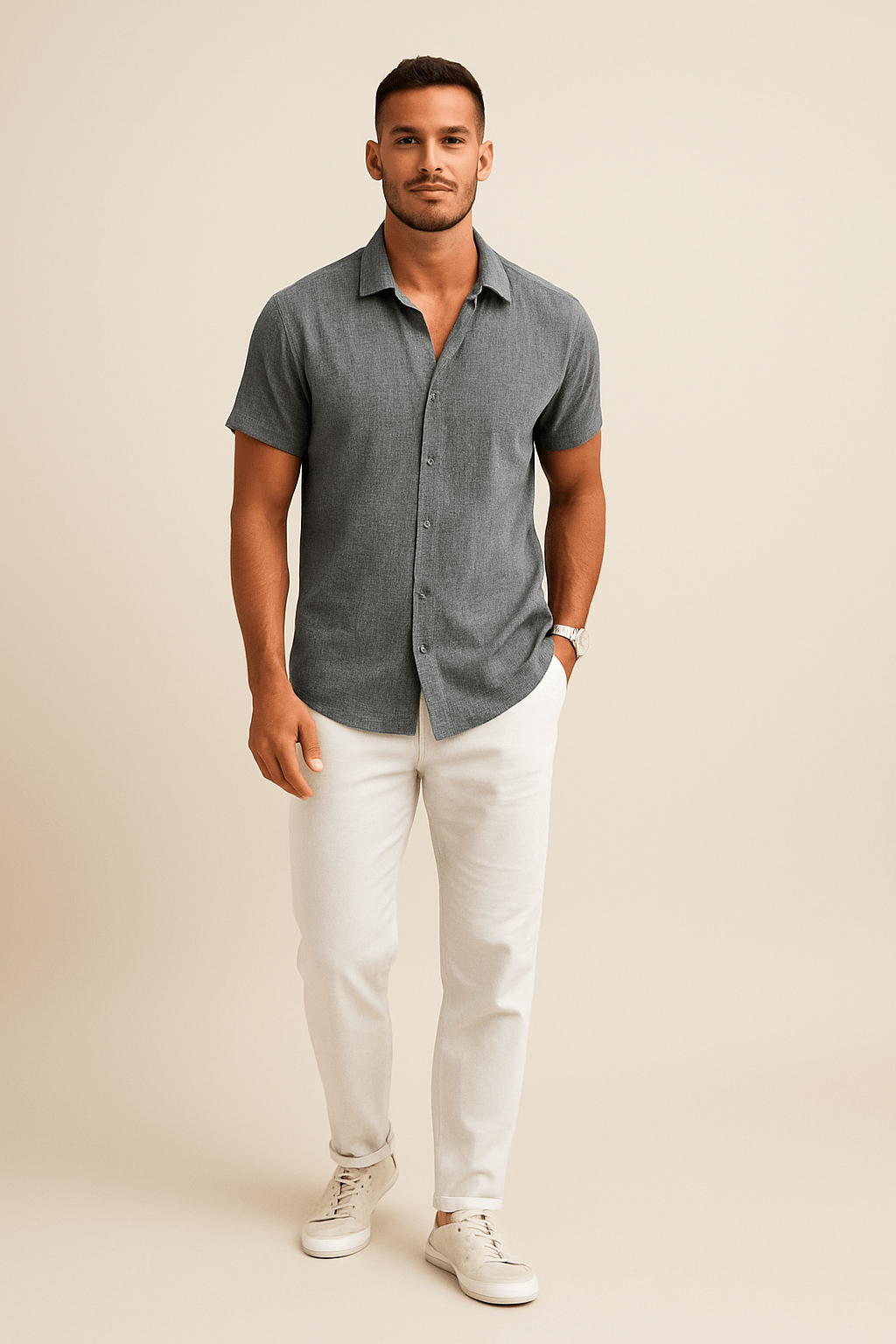 Rückansicht des bequemen Herren Kurzarmhemdes, atmungsaktiv & leicht, ideal für Männer Mode im Sommer.