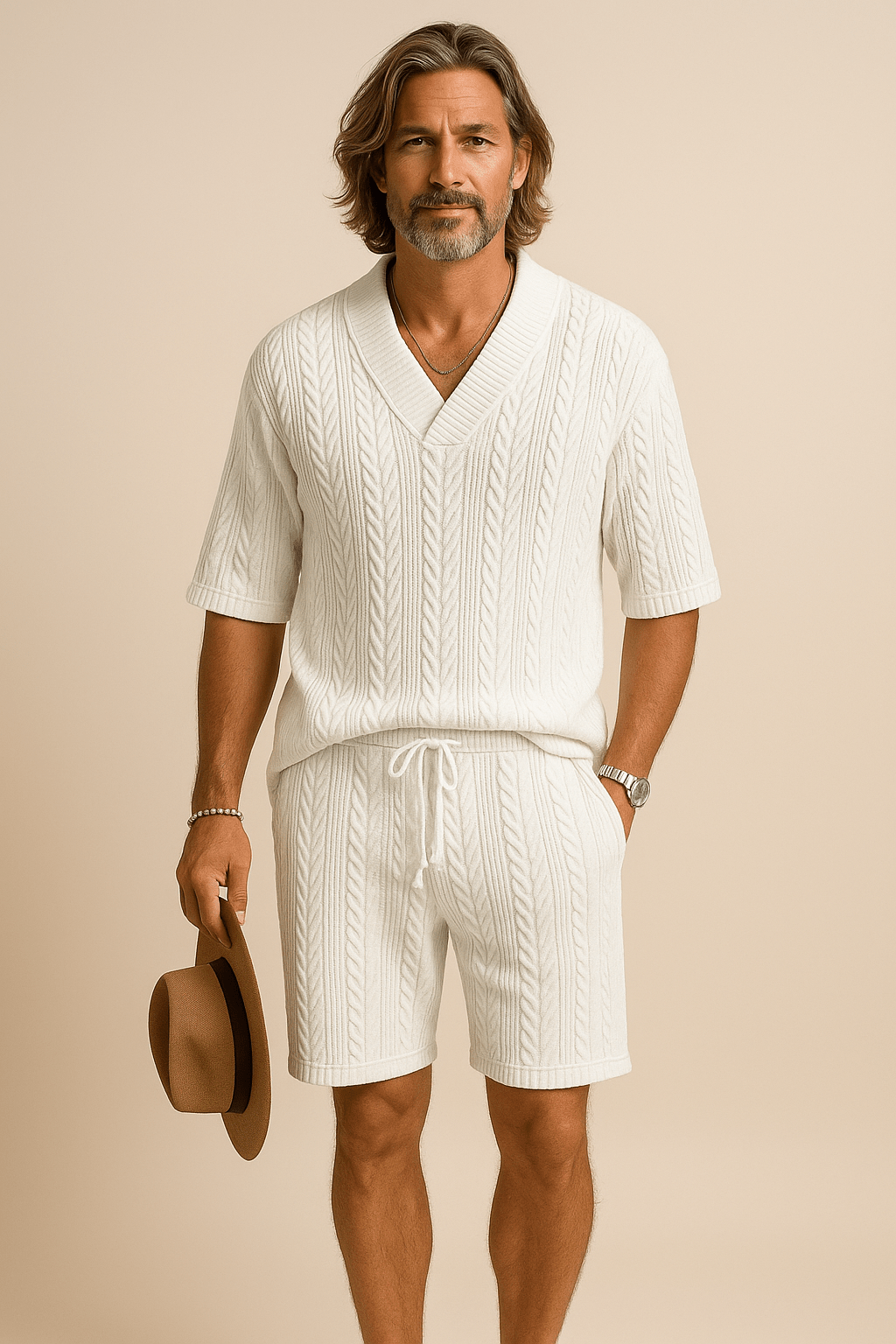 Herren Zweiteiler Set in Weiß für Sommer & Freizeit. Bequem, atmungsaktiv, ideal für Strand, Urlaub oder casual.
