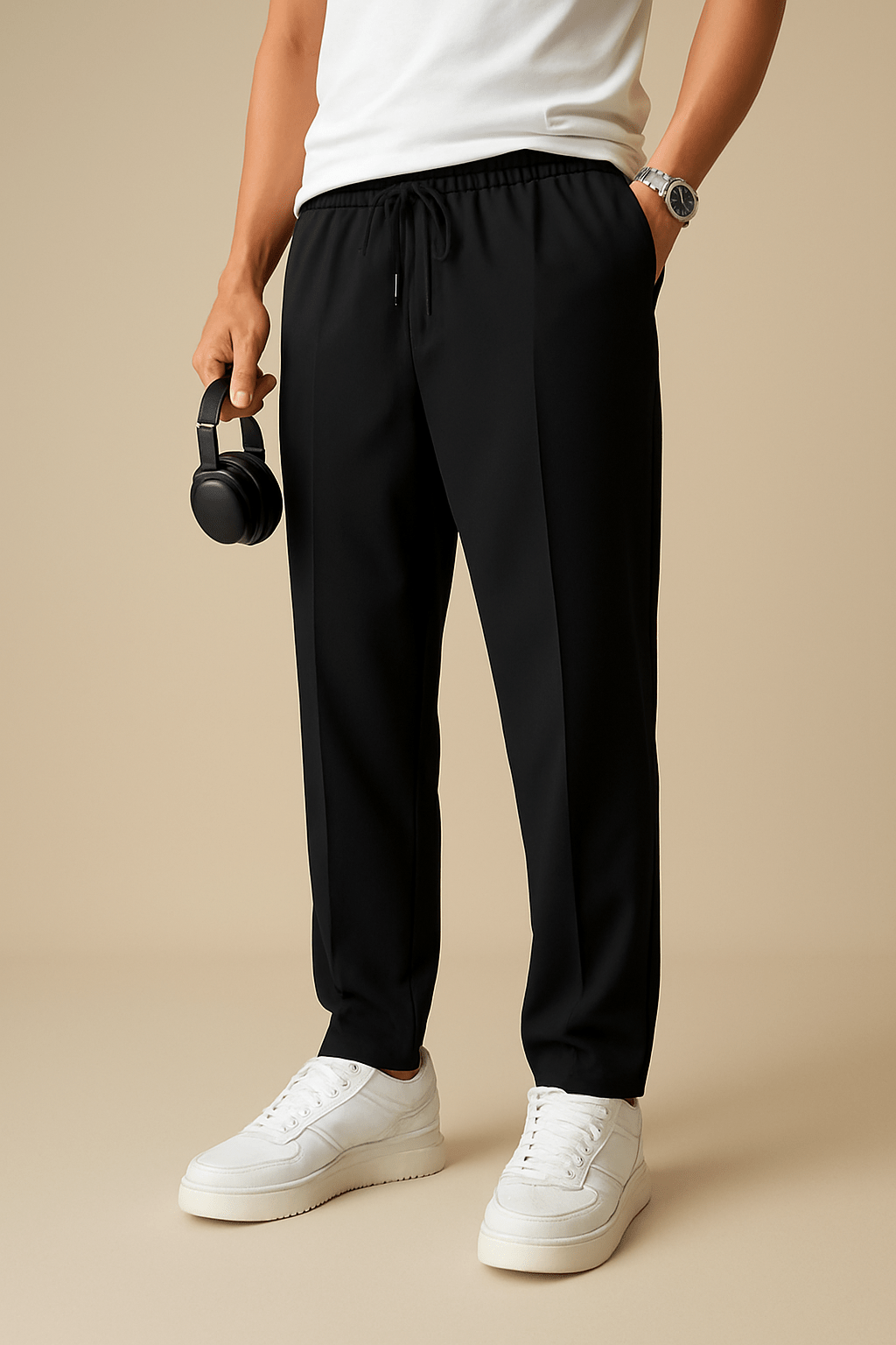 Schwarze Herren Chino mit Bundfalte und bequemem Komfortbund, elegant und vielseitig für Büro & Freizeit.
