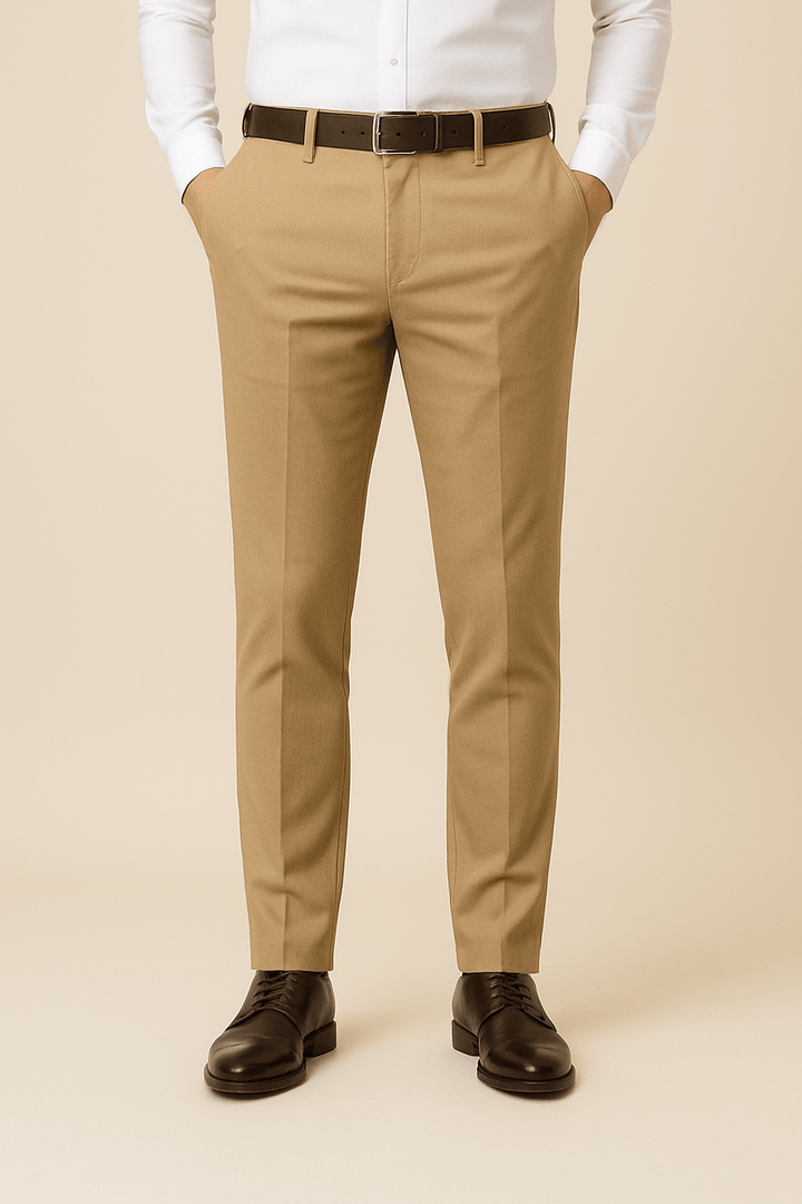 Nahaufnahme: Hochwertige Herren Slim Fit Hose, zeigt Stofftextur & präzise Nahtdetails. Perfekte Passform.