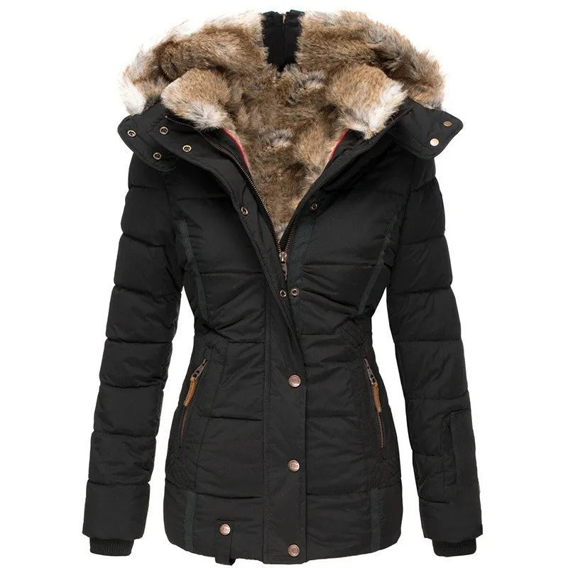 Taillierter Damen Winterparka mit Kapuze, warm und winddicht für kaltes Wetter und Outdoor-Aktivitäten.