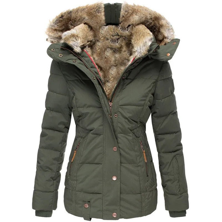 Eleganter, taillierter Damen Winterparka mit Kapuze, ideal als warmer Wintermantel für Freizeit & Alltag.