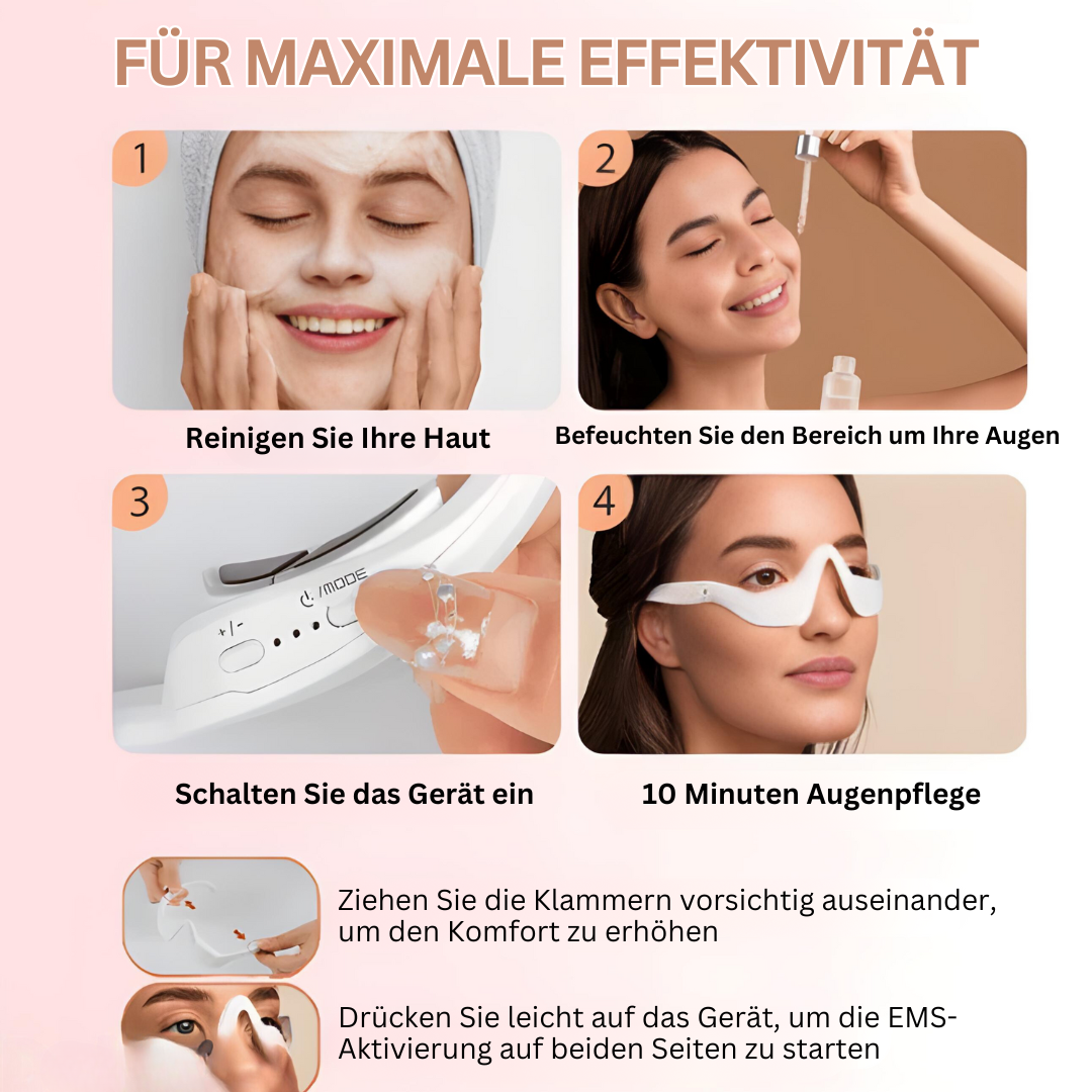 Moderne EMS-Augenpflege-Brille gegen Augenringe, Falten und Schwellungen; für eine sichtbar jüngere Augenpartie.