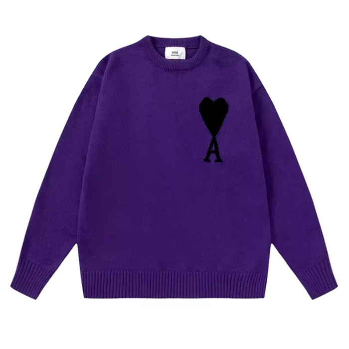 Gemütlicher Damen Strickpullover, locker geschnitten, mit Herz- & Buchstabenprint. Langarm-Pullover für Komfort & Stil.