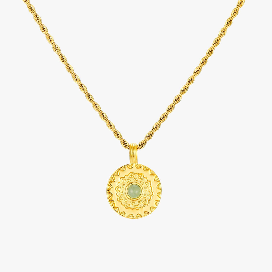 Elegante Damen Edelstahl Halskette in Gold mit einem strahlenden Aventurin Sonnenmotiv. Stilvoller Naturstein Schmuck.