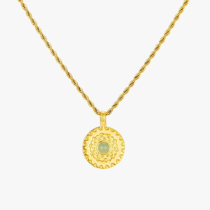 Elegante Damen Edelstahl Halskette in Gold mit einem strahlenden Aventurin Sonnenmotiv. Stilvoller Naturstein Schmuck.