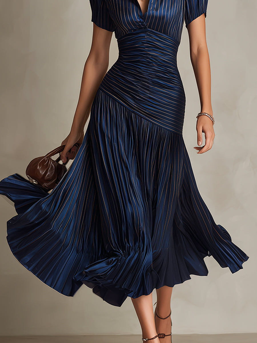 Stylisches Retro-Damenkleid, gestreiftes Midikleid, elegant und vielseitig für festliche Anlässe.