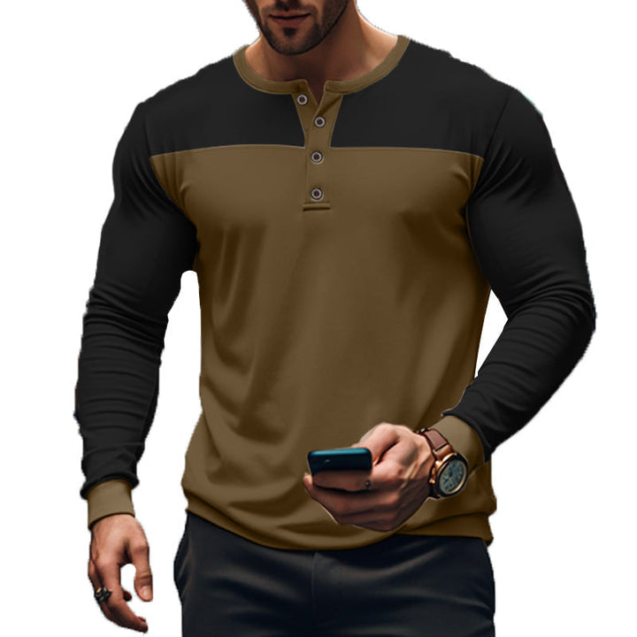 Vielseitiges Herren Langarm Henley Shirt im Color-Block Stil, ideal als Freizeitmode und lässiges Oberteil für Männer.