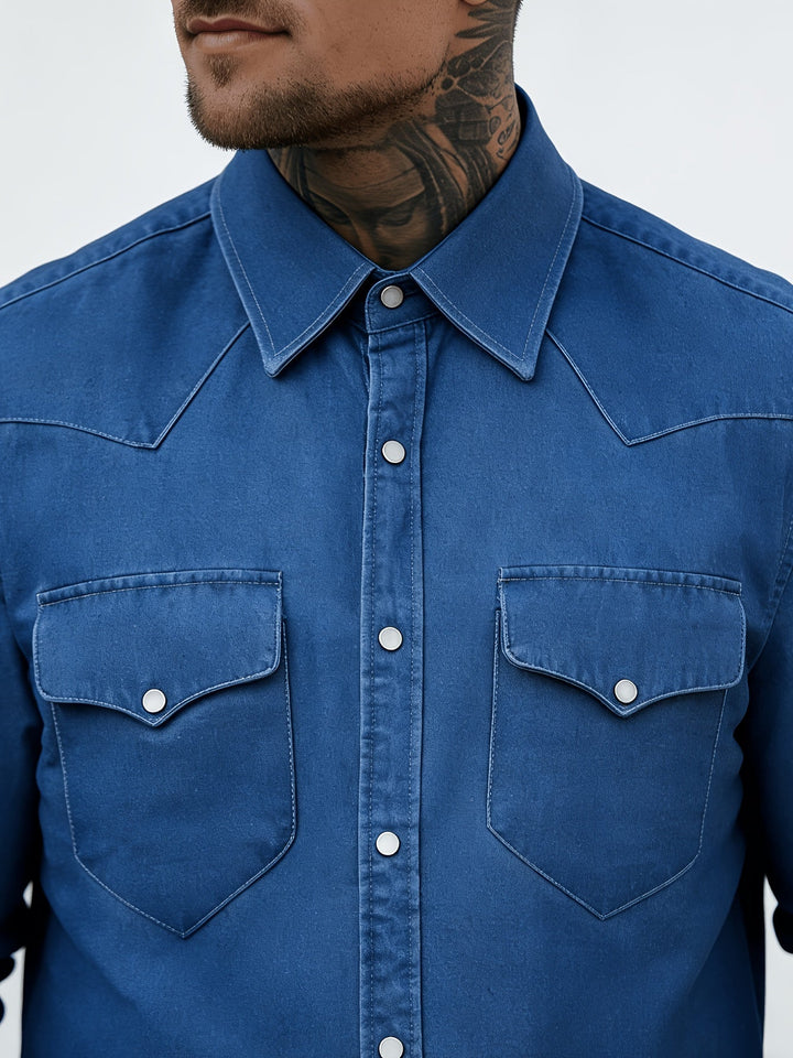 Blaues Herren Western Hemd, Langarm, vielseitig kombinierbar für lässige Alltagsmode und Freizeitkleidung.