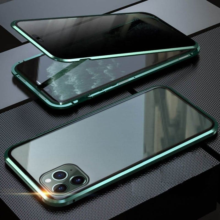 Doppelter Schutz für iPhone: Magnetische Handyhülle mit Sichtschutz, robuster Metallrahmen und Displayschutz.