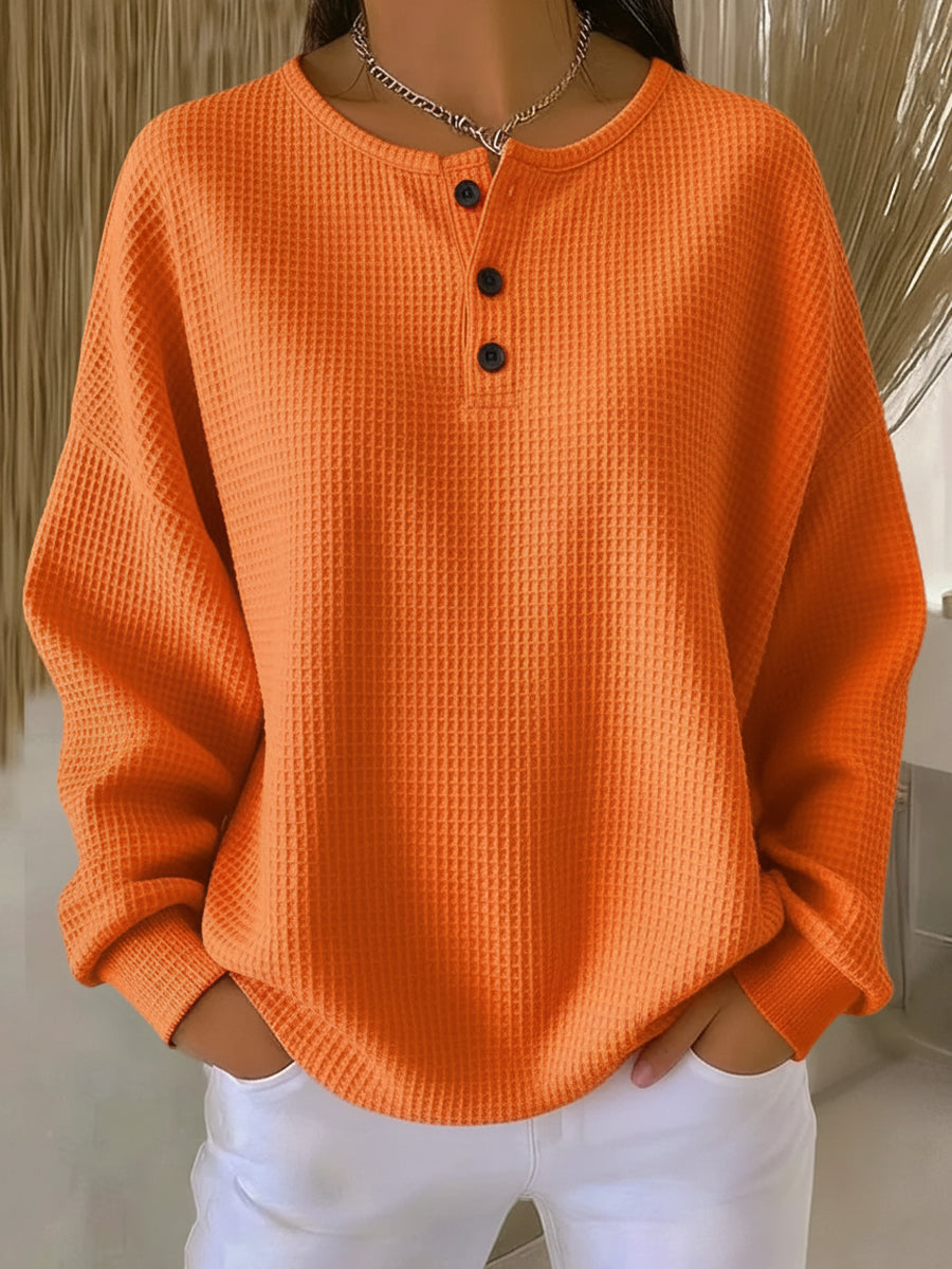 Damen Waffelstruktur Sweatshirt mit Henley-Ausschnitt in stilvoller Farbe, ideal für Freizeit & Alltag.
