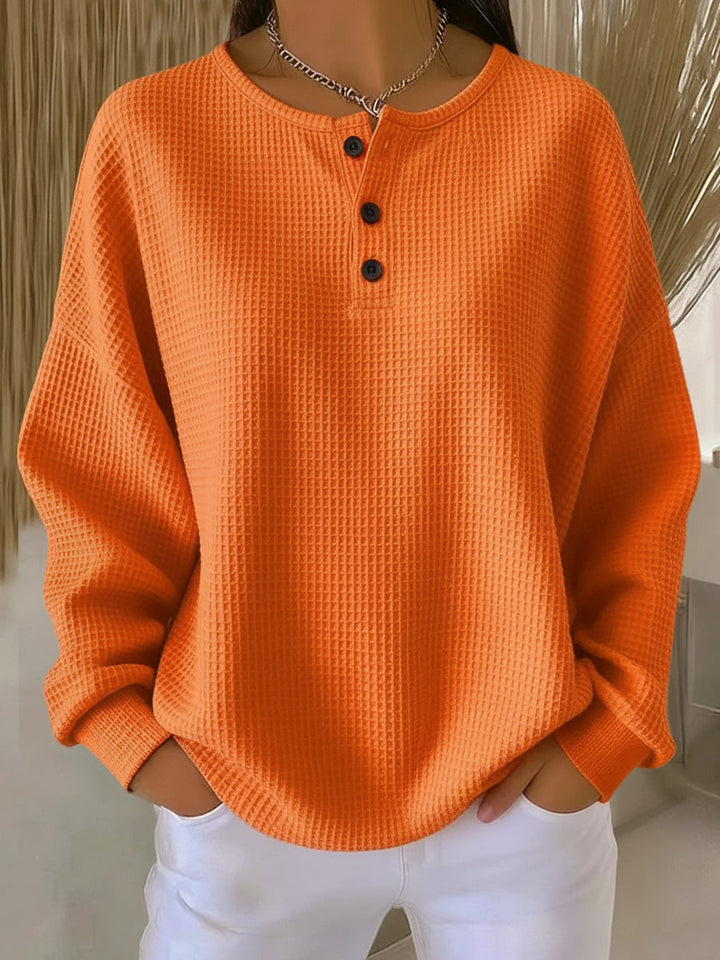 Damen Waffelstruktur Sweatshirt mit Henley-Ausschnitt in stilvoller Farbe, ideal für Freizeit & Alltag.