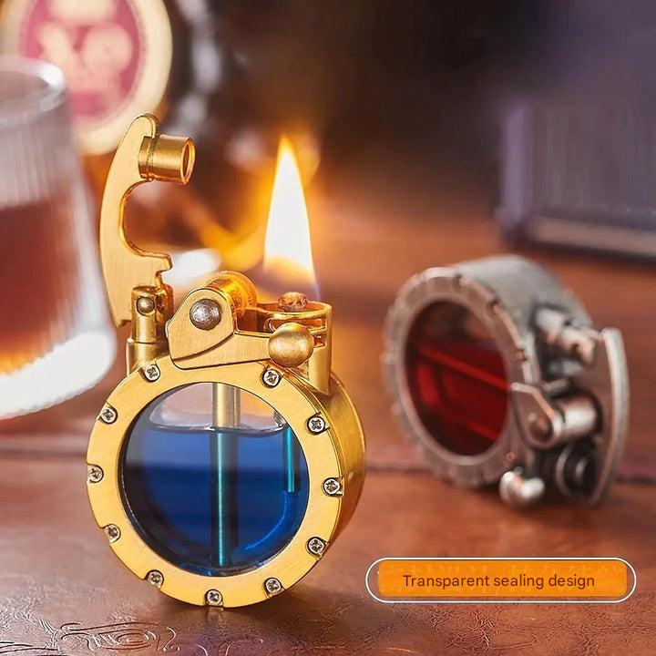 Hochwertiges transparentes Antik-Feuerzeug aus Metall mit Druckknopf. Nachfüllbares Vintage-Zigarrenfeuerzeug.