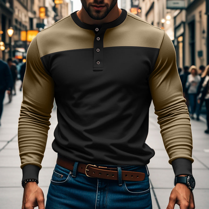 Stilvolles Herren Langarm Henley Shirt mit trendigem Color-Block Design und Henley-Kragen, vielseitig für Männer.