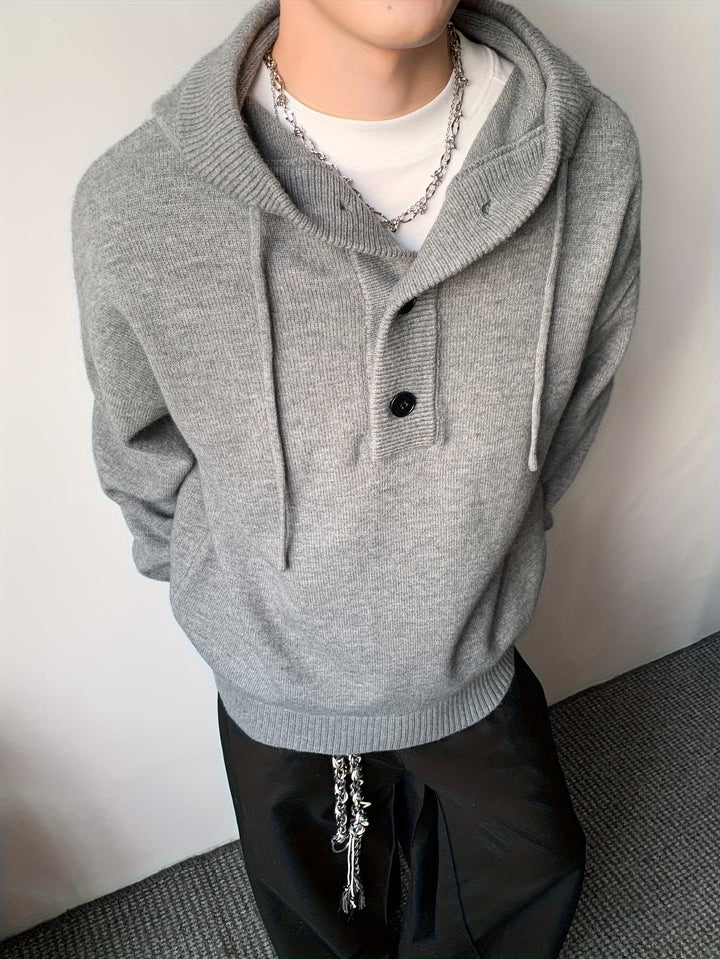 Bequemer Herren Strick Hoodie in Dunkelgrau mit Kapuze und Knopfleiste, ideal für Herbst & Winter.