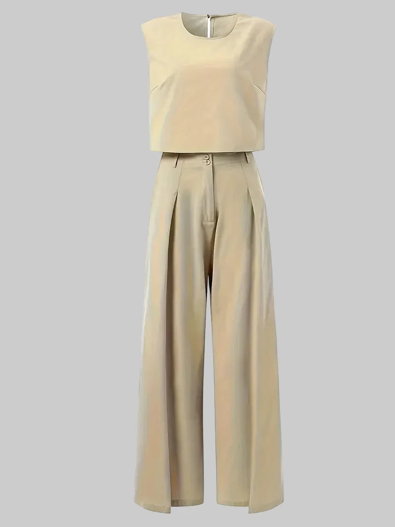 Damen Leinen Zweiteiler, ärmelloses Top & Hose. Perfekt für Sommer, Strand oder elegante Casual-Looks.