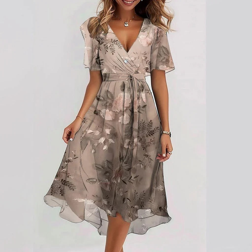 Elegantes, bedrucktes Damen Sommerkleid mit V-Ausschnitt. Fließendes Kurzarm-Urlaubskleid mit Blumenmuster für Freizeit.