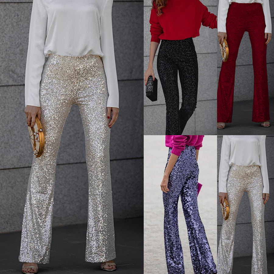 Glamouröse Damen Glitzer-Schlaghose für Partys. Festliche Abendmode im Retro-Stil. Funkelnde Frauenhose.