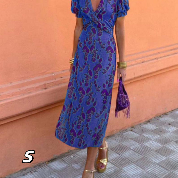 Festliches Damen Maxikleid mit Blumen, Wickeloptik, V-Ausschnitt; elegant & stilvoll für jeden Anlass.