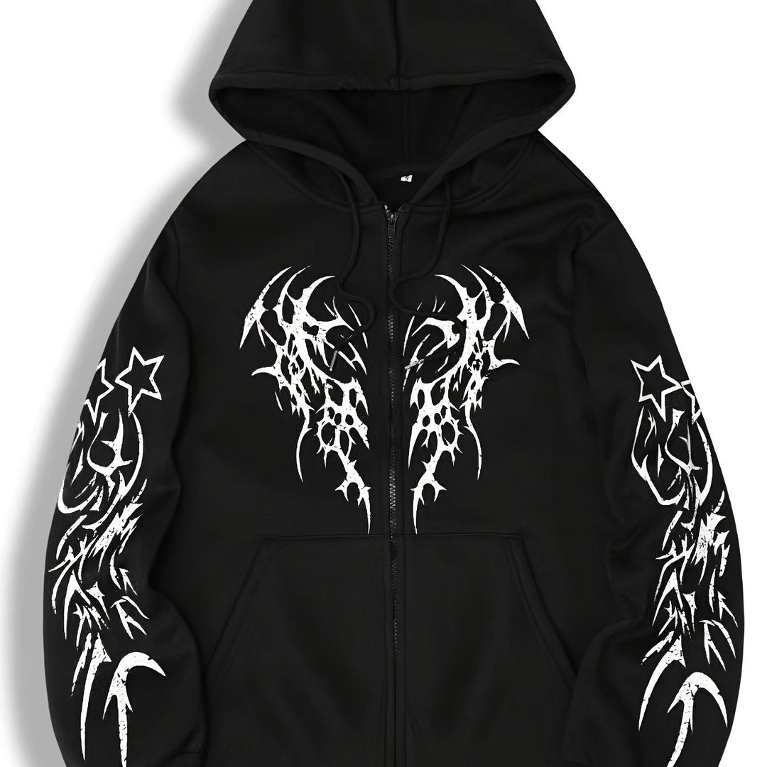 Perfekter Casual Herren Hoodie mit Reißverschluss und Tribal-Flügel-Grafik, bequeme Freizeitkleidung.