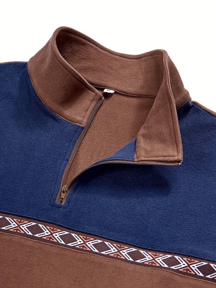 Ganzer brauner Herren Langarm-Pullover mit Ethno-Muster, Stehkragen & Halb-Reißverschluss für Männer