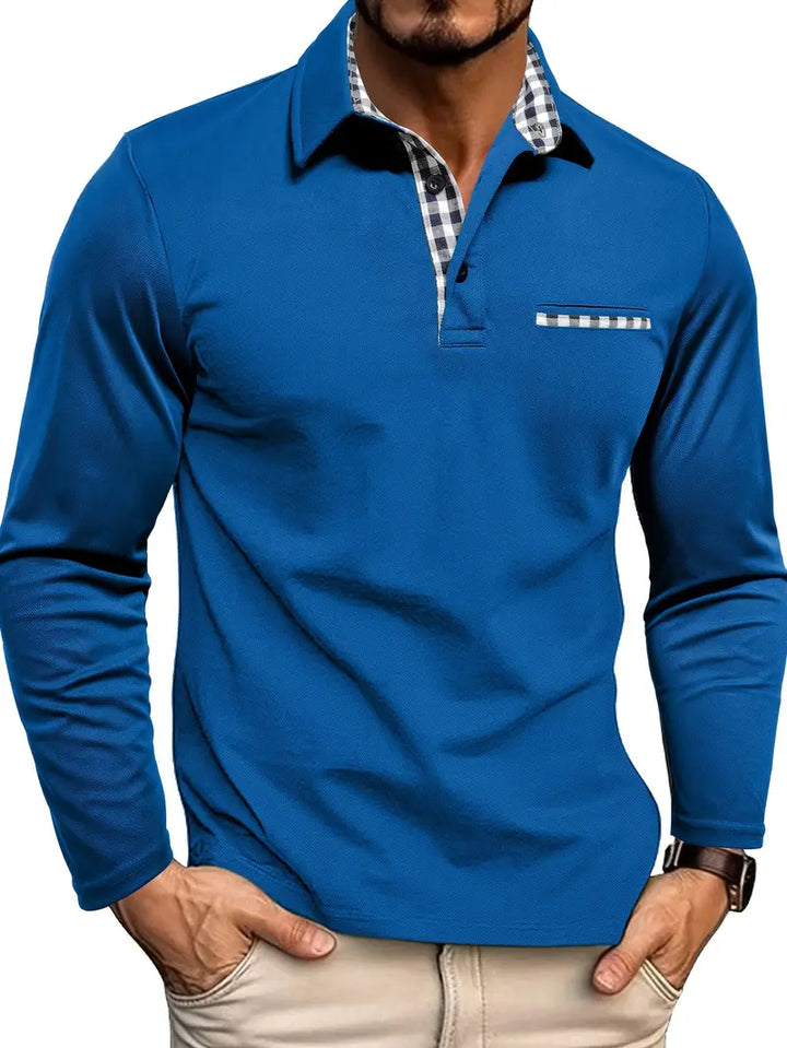 Herren Langarm Poloshirt, modern und elegant. Karo-Kragen, Brusttasche und Knopfleiste für stilvolle Herrenmode.
