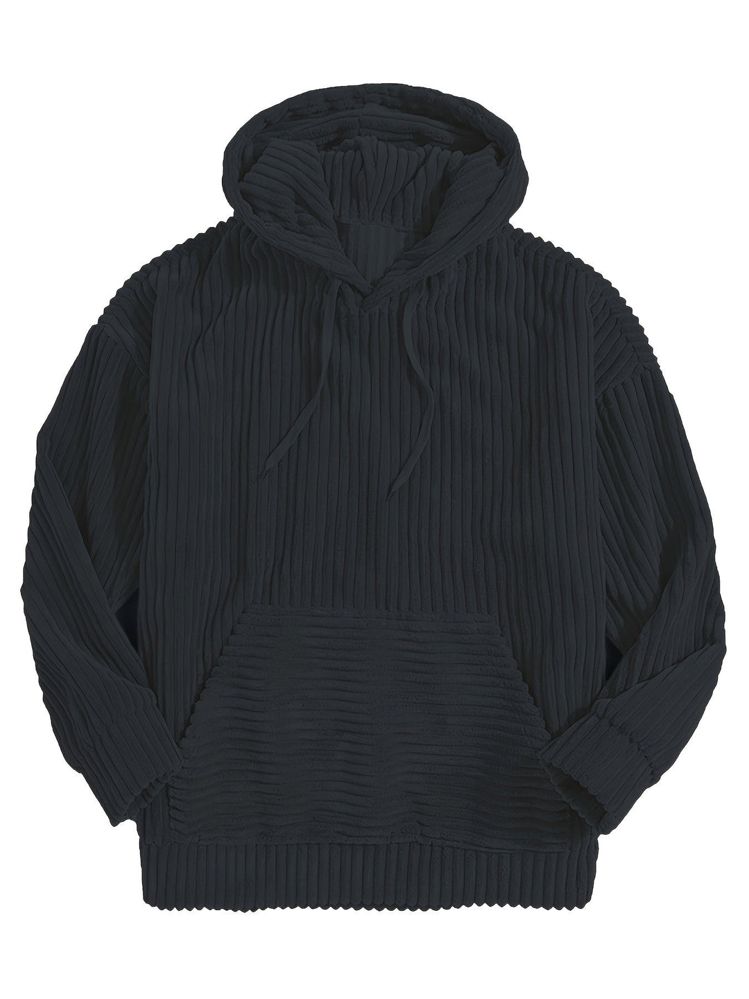 Nahaufnahme: Details des Rippstrick Hoodies, Kängurutasche und Kapuze; weicher Stoff für Komfort.