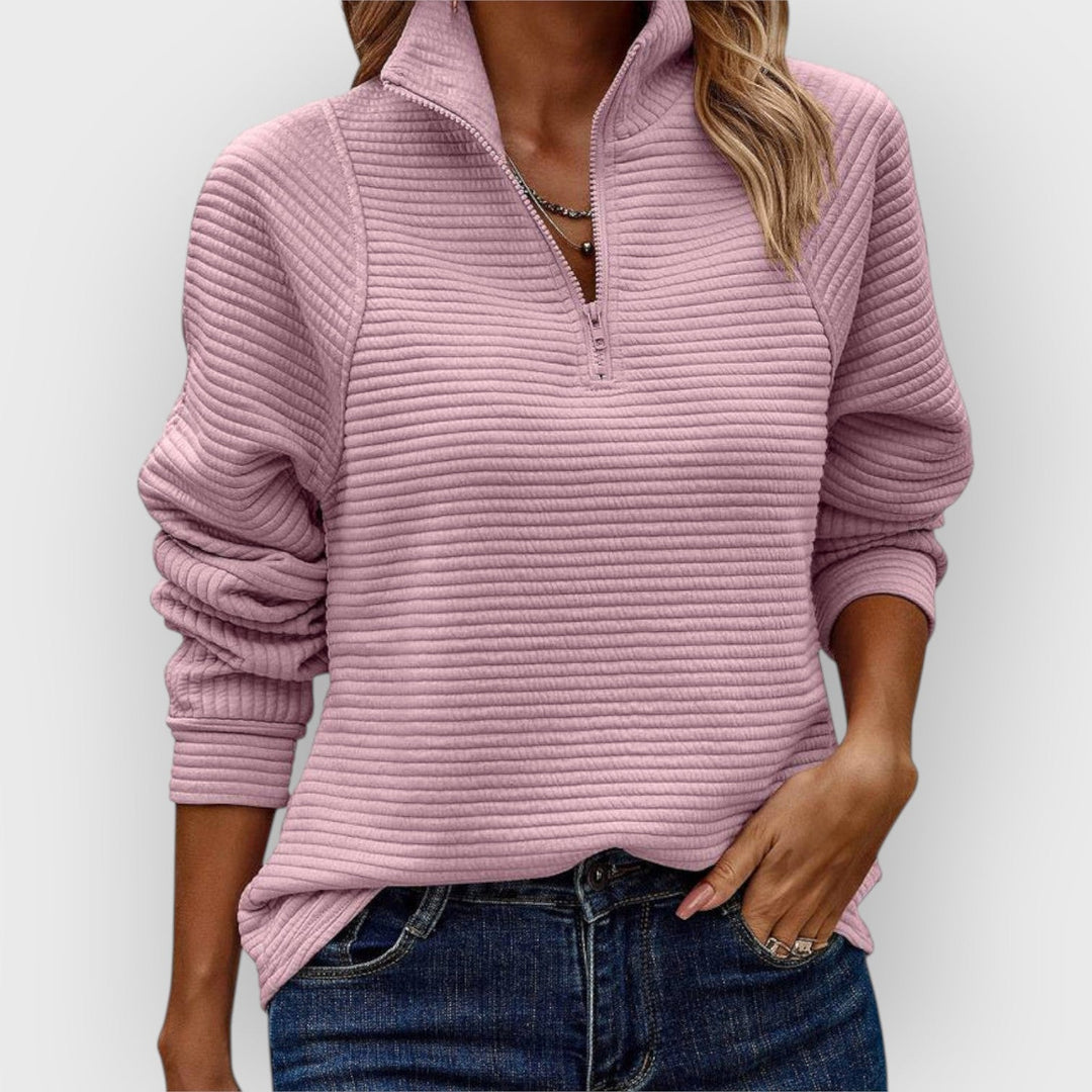 Damen Strickpullover mit stilvollem V-Ausschnitt & Reißverschluss, lässig und bequem für den Alltag.
