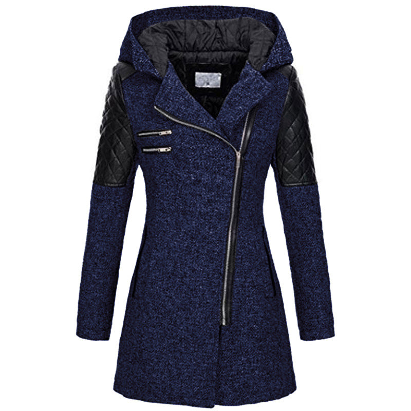 Damen Biker-Wintermantel mit schrägem Reißverschluss; eleganter, warmer Damemantel für kühle Tage.