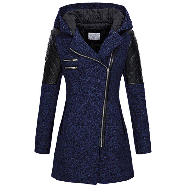 Damen Biker-Wintermantel mit schrägem Reißverschluss; eleganter, warmer Damemantel für kühle Tage.
