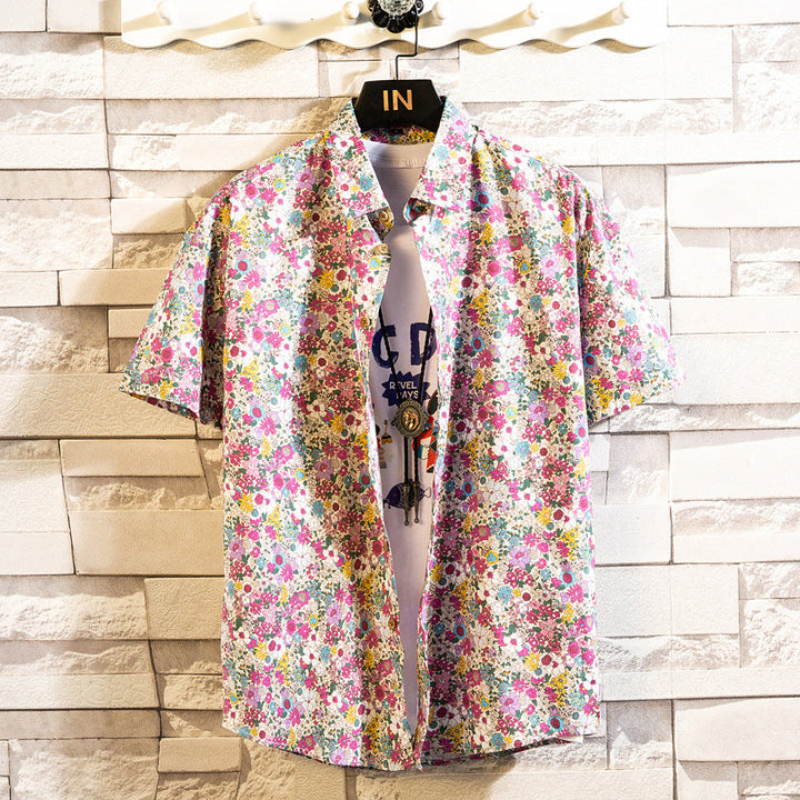 Herren Sommerhemd mit Blumenmuster, Kurzarm, Reverskragen, Slim Fit.