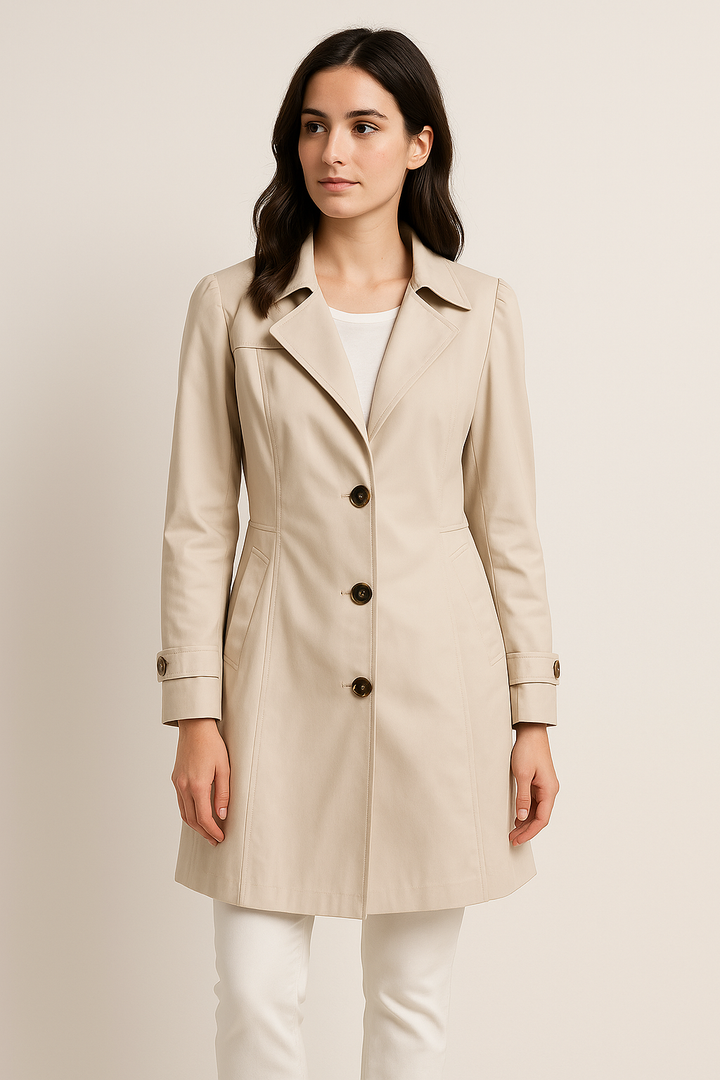Eleganter Damen Trenchcoat mit Reverskragen, tailliertem Schnitt und atmungsaktivem Material für Frühling/Herbst.