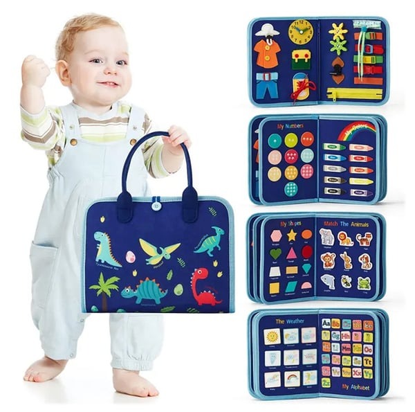 Interaktives Montessori Lernbuch für Kinder ab 1 Jahr, fördert Feinmotorik und frühe Entwicklung. Ideal für Vorschule.