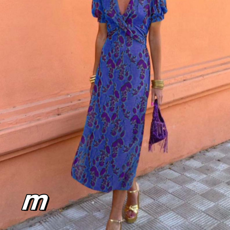 Langes, elegantes Wickelkleid für Frauen mit zartem Blumenmuster, V-Ausschnitt & kurzen Ärmeln.