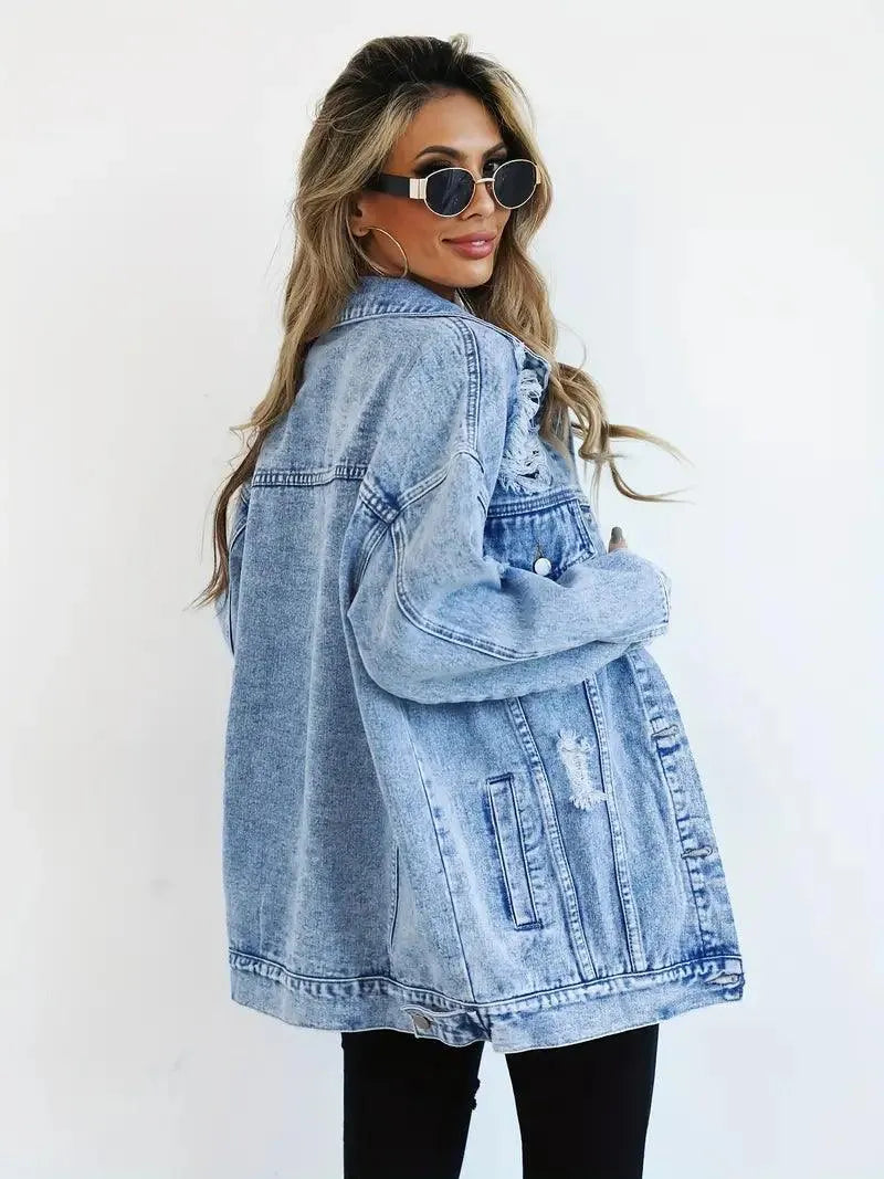 Funktionelle Damen Oversized Jeansjacke mit Kapuze, wasserfest, gefüttert. Winter- & Herbstjacke.