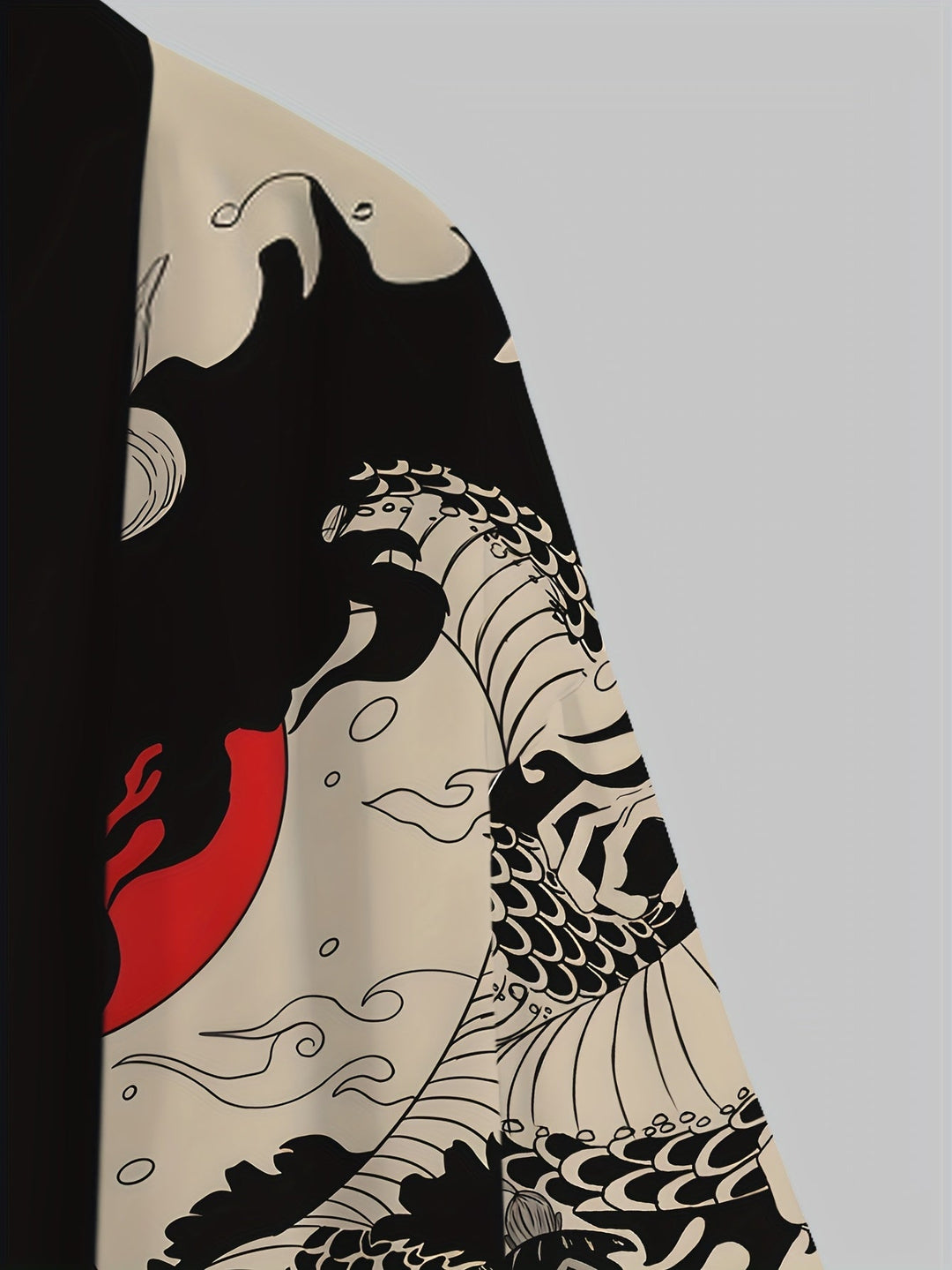 Asiatischer Herren Kimono Cardigan mit stylischem Drachen & Samurai Print. Moderner Freizeit-Streetwear im japanischen Look.