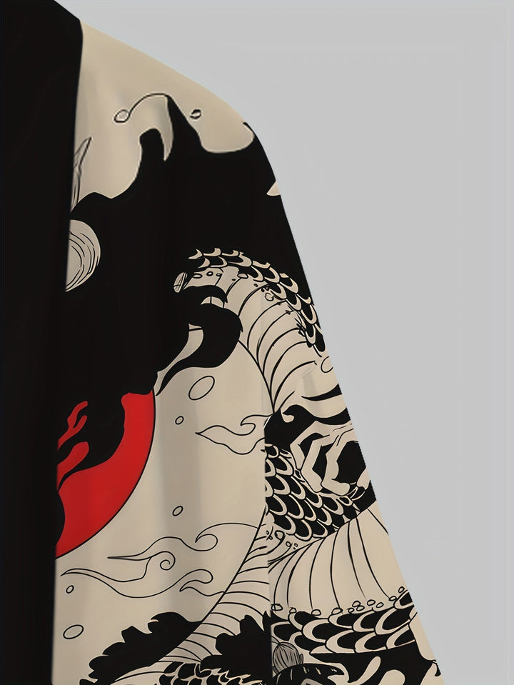 Asiatischer Herren Kimono Cardigan mit stylischem Drachen & Samurai Print. Moderner Freizeit-Streetwear im japanischen Look.