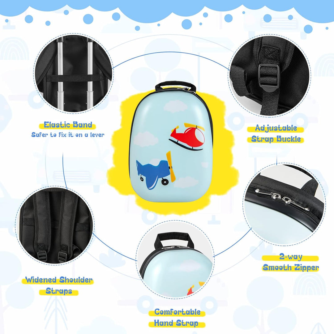 Vorderansicht des Kindergepäcksets: Hubschrauber Koffer & passender Rucksack mit robusten 360° Rollen.
