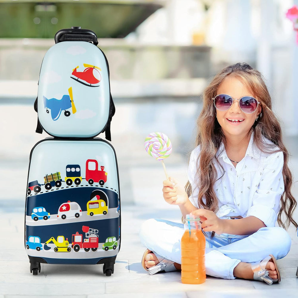 Detailansicht des Hubschrauber Kinderkoffers: Robuste Hartschale, Teleskopgriff & leichtgängige 360° Rollen.