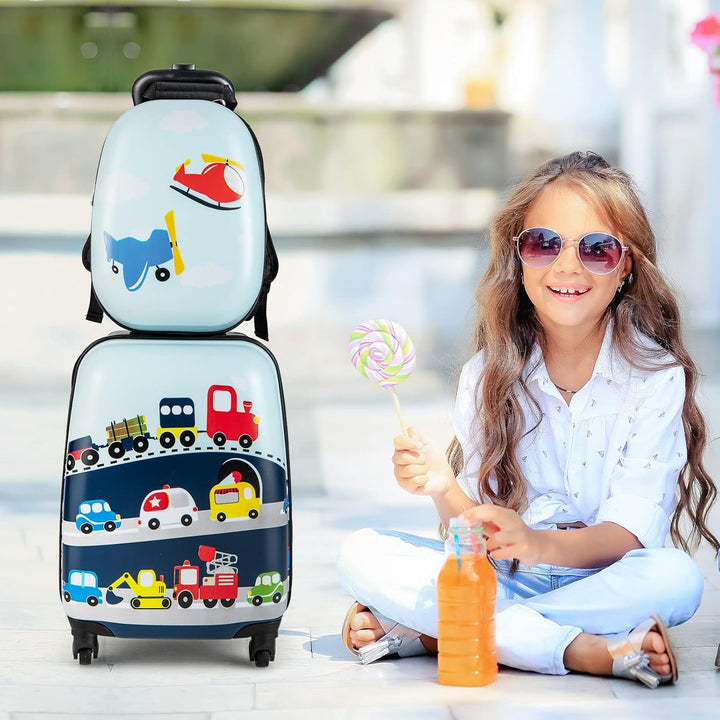 Detailansicht des Hubschrauber Kinderkoffers: Robuste Hartschale, Teleskopgriff & leichtgängige 360° Rollen.
