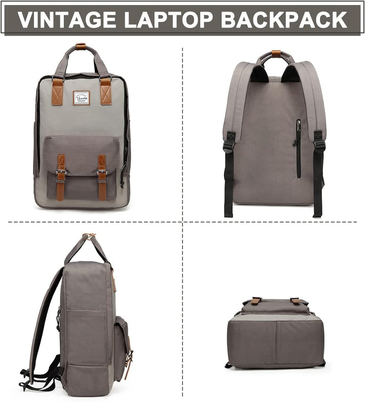 Rückenansicht: Ergonomischer, wasserdichter Vintage Laptop-Rucksack (15,6") mit bequemen Trägern.