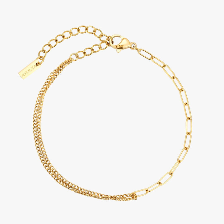 Alltagstaugliches, elegantes goldenes Damen Paperclip-Armband mit gemischten Ketten, verstellbar und hautverträglich.