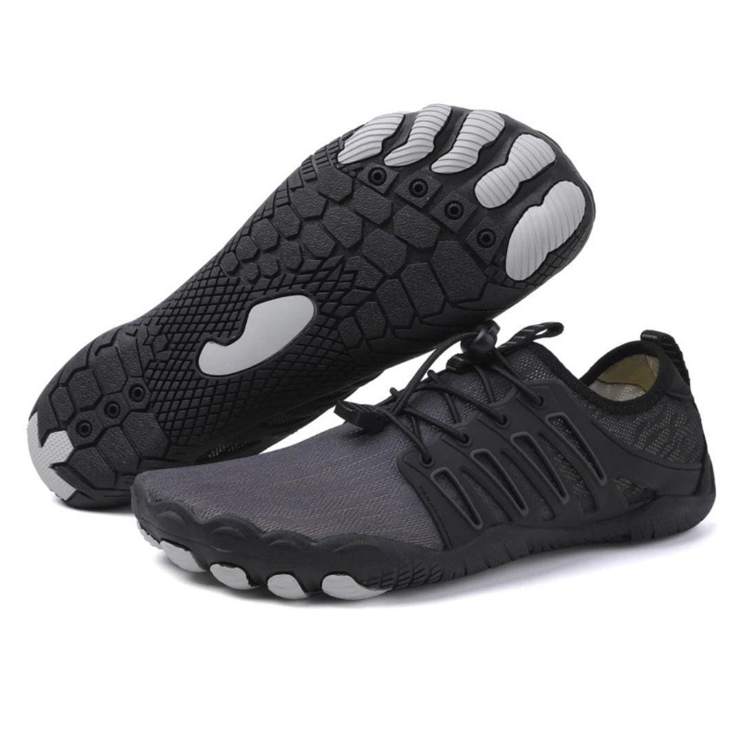 Atmungsaktive BioStride Barfußschuhe, grau, mit weicher Sohle für Damen und Herren, ideal als Freizeitschuhe.