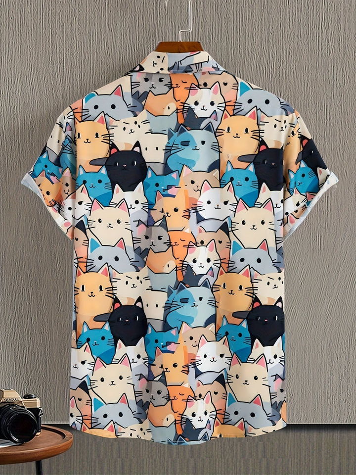 Lustiges Herren Freizeithemd mit mehrfarbigem Katzenprint, kurzarm, lässig für Alltag und Sommer.