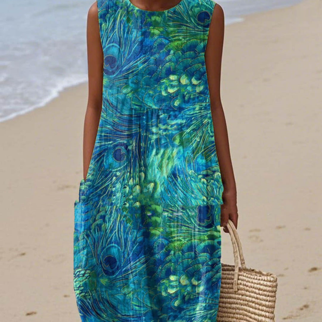 Damen langes Printkleid mit Rundhalsausschnitt, Taschen. Bequemes, stilvolles Sommer-Freizeitkleid in lockerer Passform.